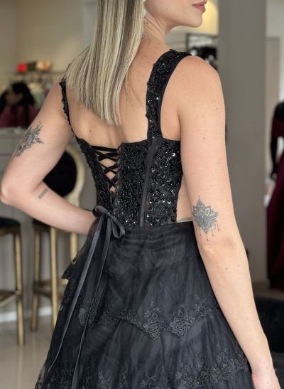 Dreamy Sweetheart Illusion Corset A-Line Tulle Evening Dresses With Sequins/Lace/Tiered