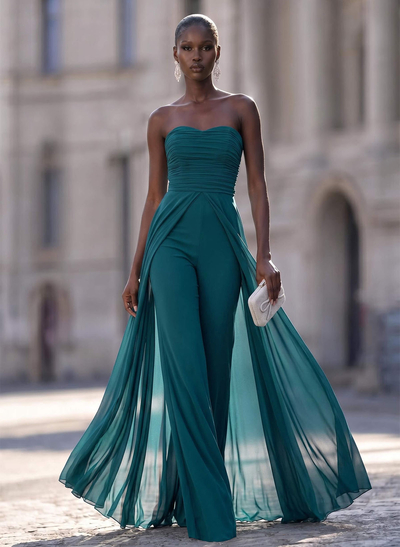 Unique Pleated Overskirt Floor-Length Chiffon Evening Jumpsuit/Pantsuit