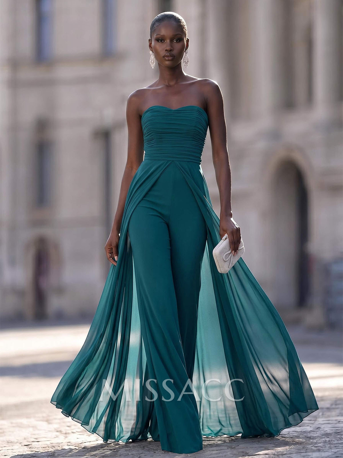 Unique Pleated Overskirt Floor-Length Chiffon Evening Jumpsuit/Pantsuit