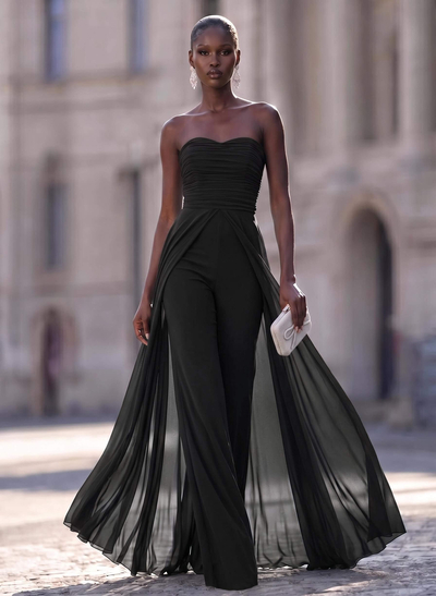 Unique Pleated Overskirt Floor-Length Chiffon Evening Jumpsuit/Pantsuit