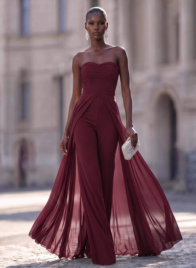 Unique Pleated Overskirt Floor-Length Chiffon Evening Jumpsuit/Pantsuit