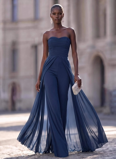 Unique Pleated Overskirt Floor-Length Chiffon Evening Jumpsuit/Pantsuit