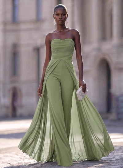 Unique Pleated Overskirt Floor-Length Chiffon Evening Jumpsuit/Pantsuit