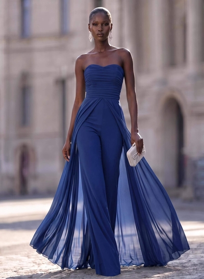 Unique Pleated Overskirt Floor-Length Chiffon Evening Jumpsuit/Pantsuit