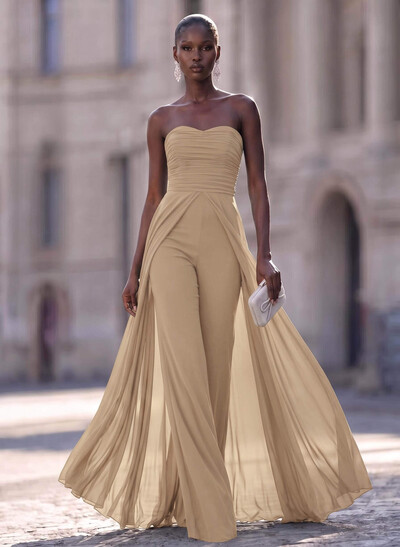 Unique Pleated Overskirt Floor-Length Chiffon Evening Jumpsuit/Pantsuit