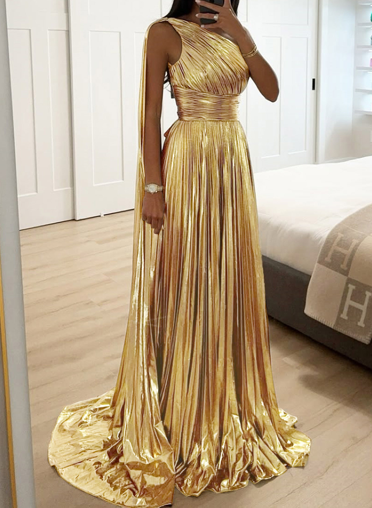Unique One-Shoulder Pleated A-Line Sweep Train Evening Dresses