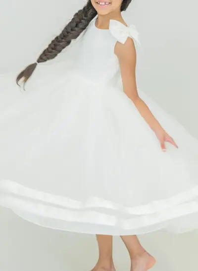 Scoop Neck Sleeveless A-Line Ankle-Length Tulle Flower Girl Dresses With Bow(s)