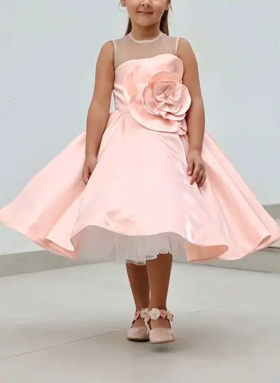 Ball-Gown Illusion Neck Knee-Length Matte Satin Flower Girl Dresses With Flower(s)