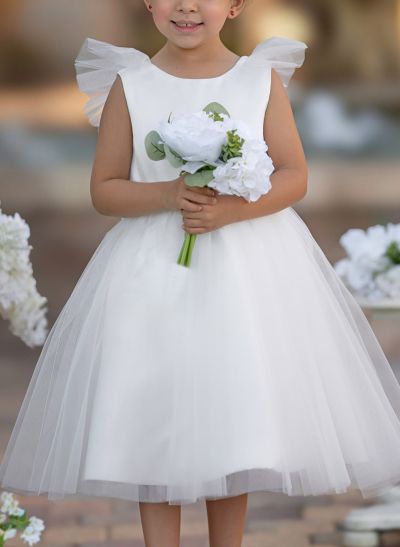 A-Line Scoop Neck Knee-Length Satin Flower Girl Dresses With Bow(s)