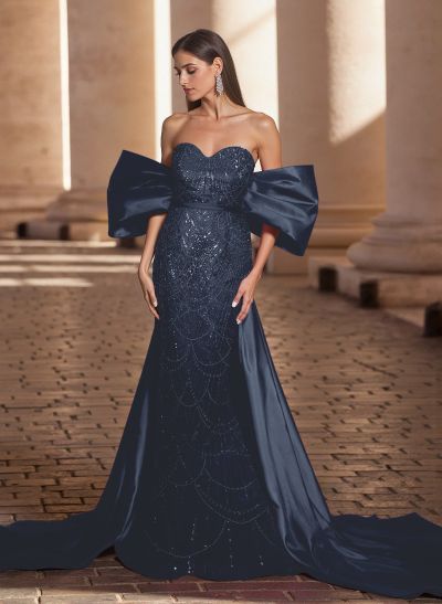 Luxury Sweetheart Off-The-Shoulder Sweep Train Satin/Lace Prom Dresses
