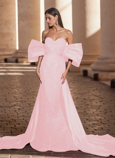 Luxury Sweetheart Off-The-Shoulder Sweep Train Satin/Lace Prom Dresses