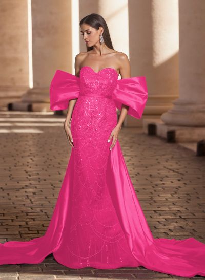 Luxury Sweetheart Off-The-Shoulder Sweep Train Satin/Lace Prom Dresses