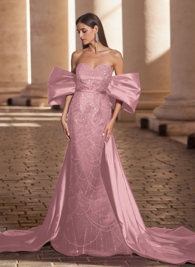 Luxury Sweetheart Off-The-Shoulder Sweep Train Satin/Lace Prom Dresses