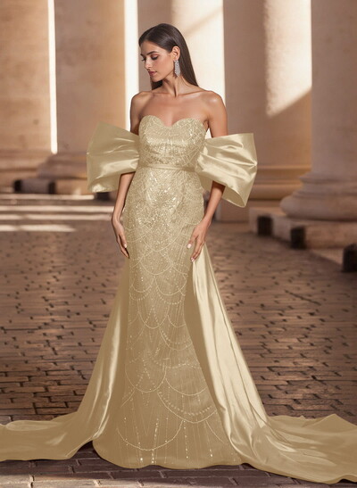 Luxury Sweetheart Off-The-Shoulder Sweep Train Satin/Lace Prom Dresses
