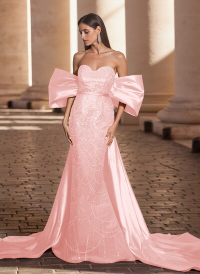 Luxury Sweetheart Off-The-Shoulder Sweep Train Satin/Lace Prom Dresses