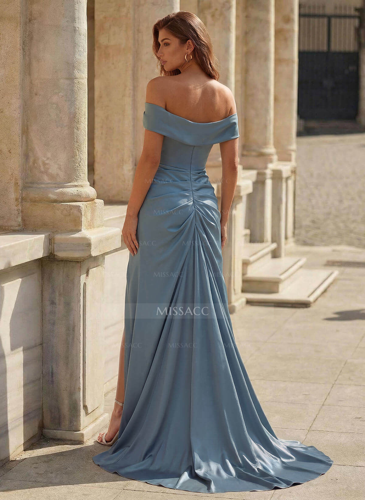 Simple Off-The-Shoulder Ruched High Split Sweep Train Crepe Satin Mother Of The Bride Dresses