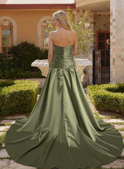 Elegant Cowl Neck Pleated High Split A-Line Sweep Train Satin Mother Of The Bride Dresses