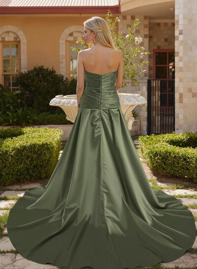 Elegant Cowl Neck Pleated High Split A-Line Sweep Train Satin Mother Of The Bride Dresses
