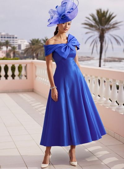 A-Line Bow Accented Satin Pockets Mother Of The Bride Dresses With Cap Shoulder