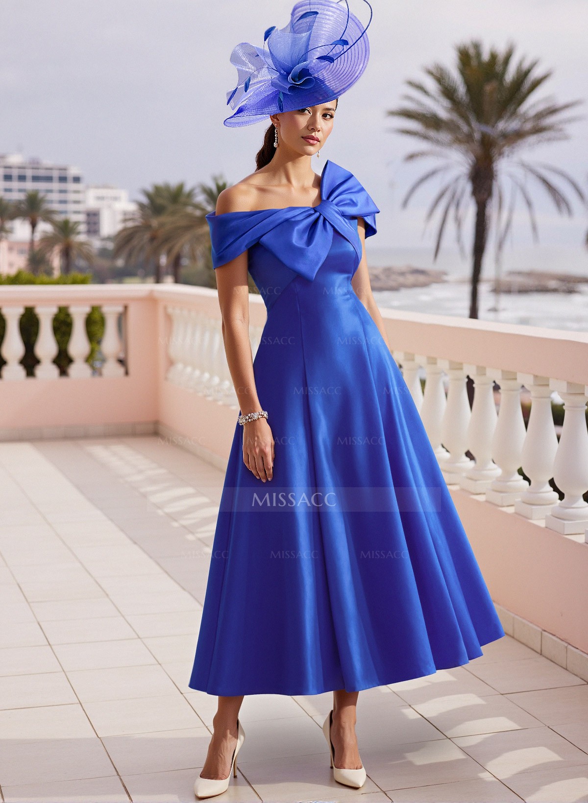 A-Line Bow Accented Satin Pockets Mother Of The Bride Dresses With Cap Shoulder