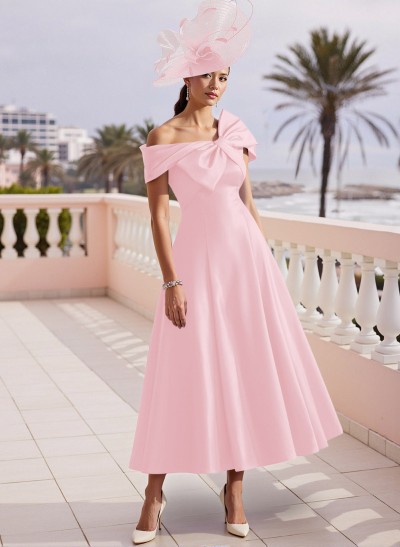 A-Line Bow Accented Satin Pockets Mother Of The Bride Dresses With Cap Shoulder
