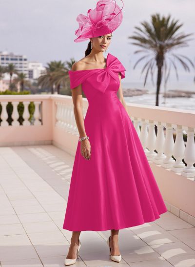 A-Line Bow Accented Satin Pockets Mother Of The Bride Dresses With Cap Shoulder