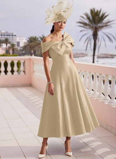 A-Line Bow Accented Satin Pockets Mother Of The Bride Dresses With Cap Shoulder