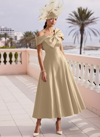 A-Line Bow Accented Satin Pockets Mother Of The Bride Dresses With Cap Shoulder
