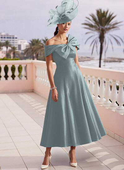 A-Line Bow Accented Satin Pockets Mother Of The Bride Dresses With Cap Shoulder