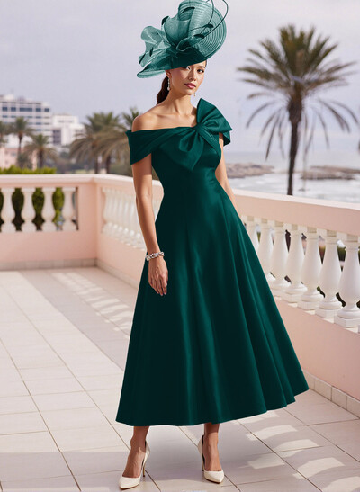 A-Line Bow Accented Satin Pockets Mother Of The Bride Dresses With Cap Shoulder