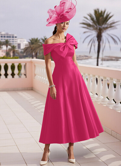 A-Line Bow Accented Satin Pockets Mother Of The Bride Dresses With Cap Shoulder