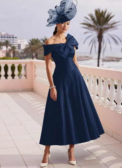 A-Line Bow Accented Satin Pockets Mother Of The Bride Dresses With Cap Shoulder