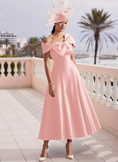 A-Line Bow Accented Satin Pockets Mother Of The Bride Dresses With Cap Shoulder