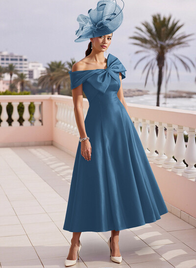 A-Line Bow Accented Satin Pockets Mother Of The Bride Dresses With Cap Shoulder
