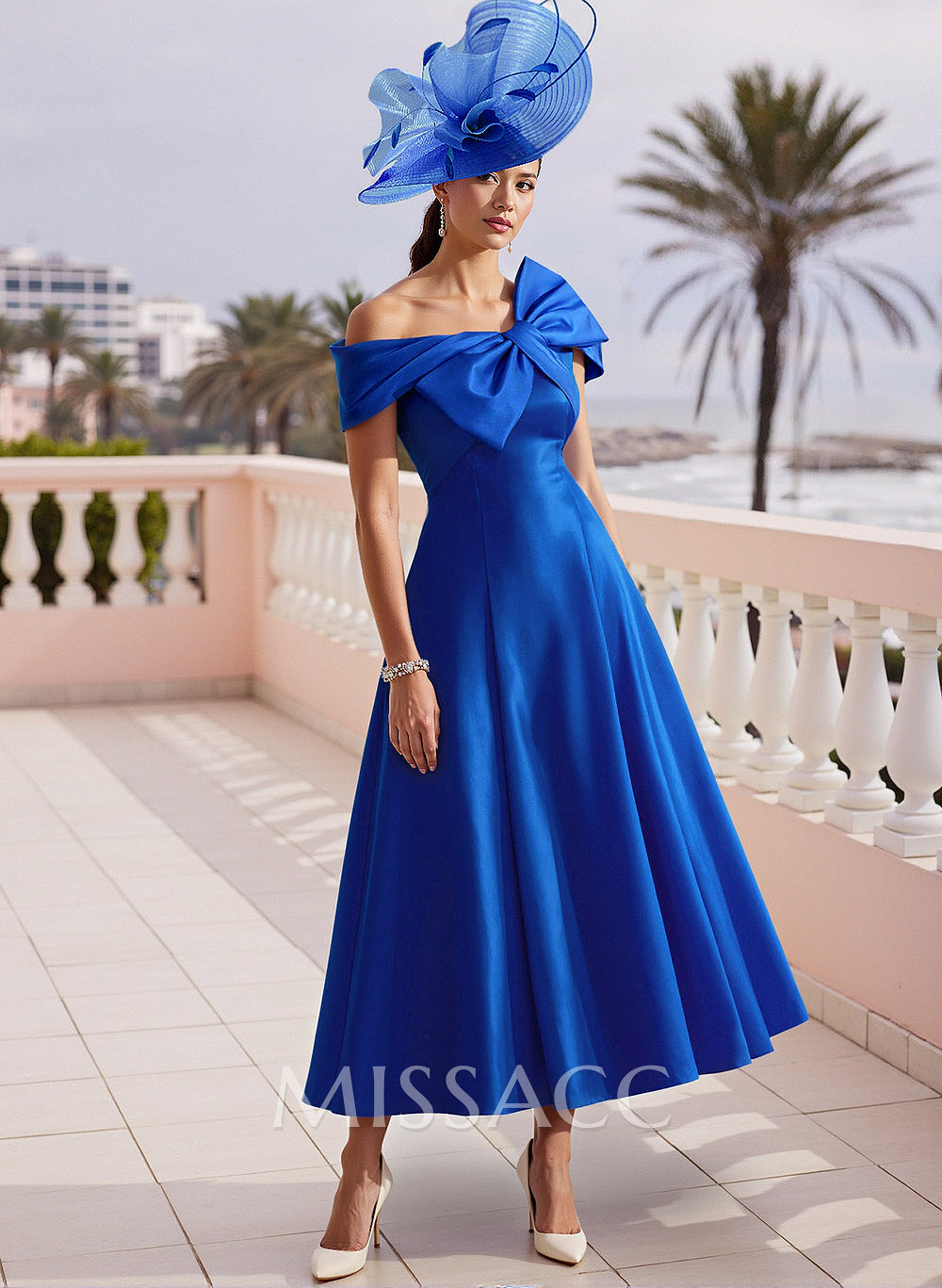 A-Line Bow Accented Satin Pockets Mother Of The Bride Dresses With Cap Shoulder
