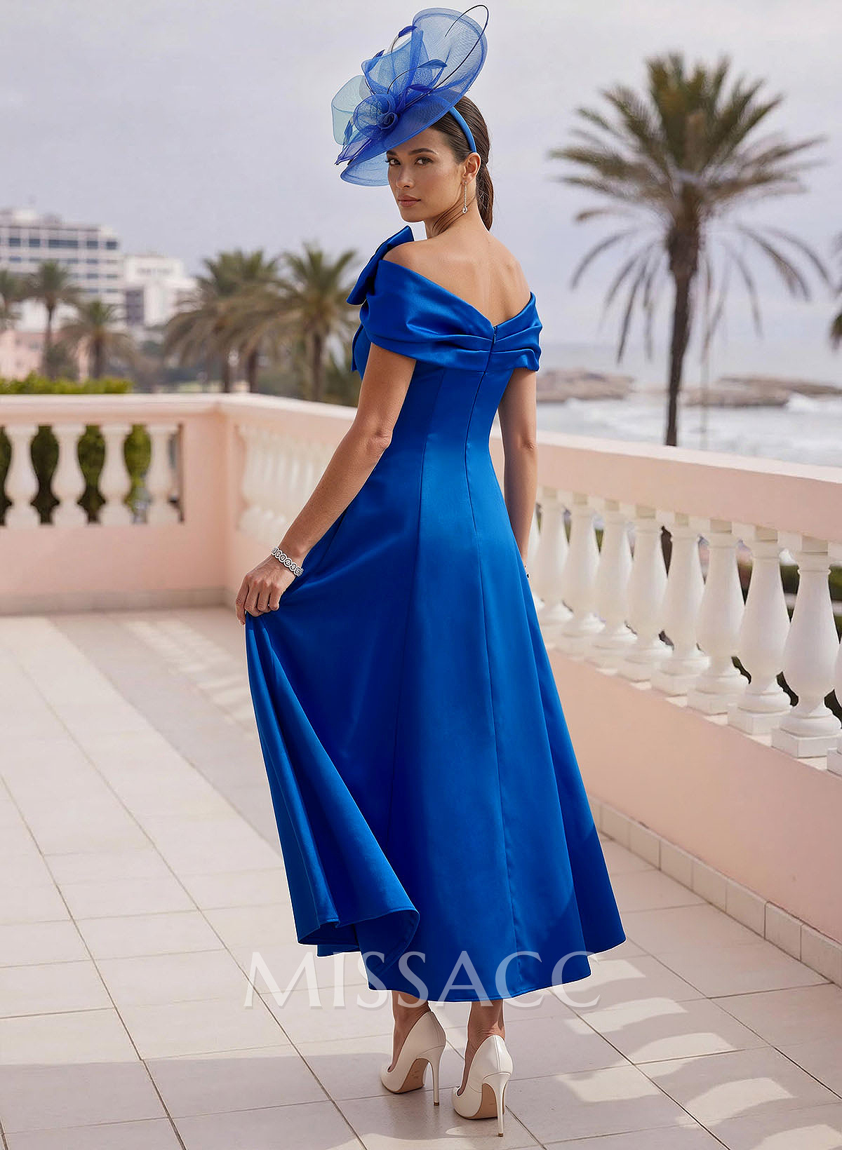A-Line Bow Accented Satin Pockets Mother Of The Bride Dresses With Cap Shoulder