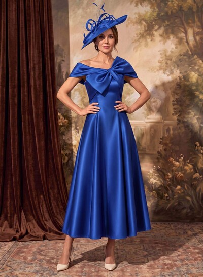 A-Line Bow Accented Satin Mother Of The Bride Dresses With Cap Shoulder