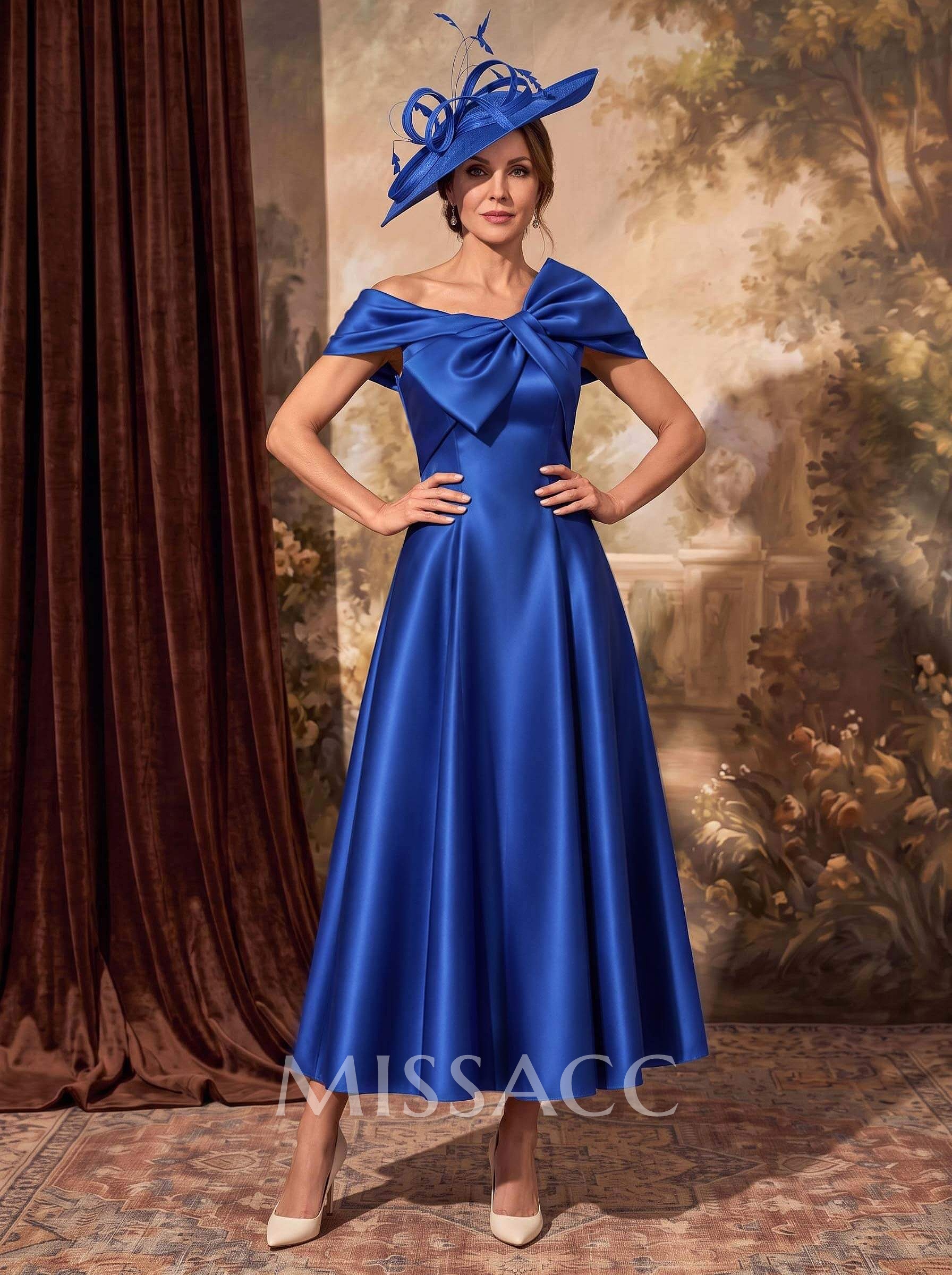 A-Line Bow Accented Satin Mother Of The Bride Dresses With Cap Shoulder A-Line Bow Accented Satin Mother Of The Bride Dresses With Cap Shoulder