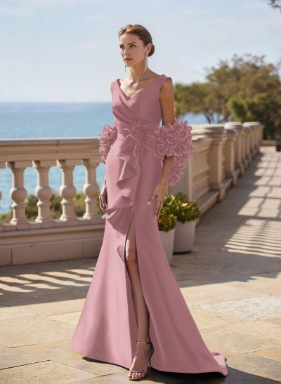 Elegant V-Neck Sleeveless Satin Mother Of The Bride Dresses With Cascading Ruffles