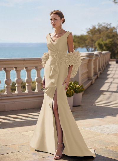 Elegant V-Neck Sleeveless Satin Mother Of The Bride Dresses With Cascading Ruffles