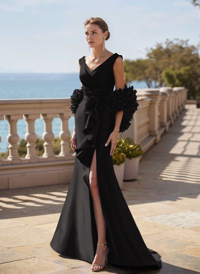 Elegant V-Neck Sleeveless Satin Mother Of The Bride Dresses With Cascading Ruffles