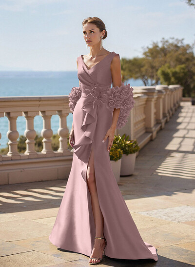 Elegant V-Neck Sleeveless Satin Mother Of The Bride Dresses With Cascading Ruffles