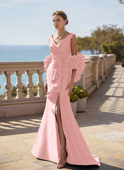 Elegant V-Neck Sleeveless Satin Mother Of The Bride Dresses With Cascading Ruffles