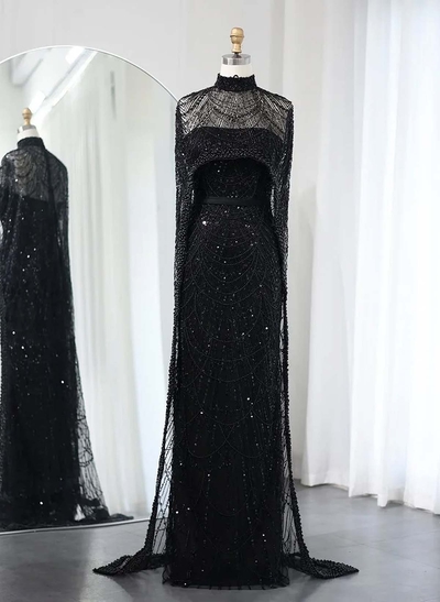 Luxury High Neck Long Sleeves Satin Mother Of The Bride Dresses With Beading