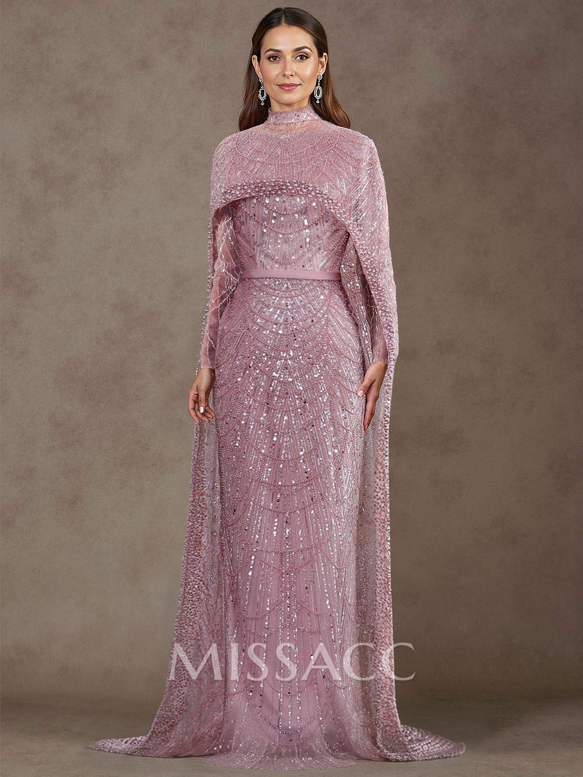 Sheath Column High Neck Long Sleeves Sweep Train Lace Satin Tulle Mother Of The Bride Dresses With Beading