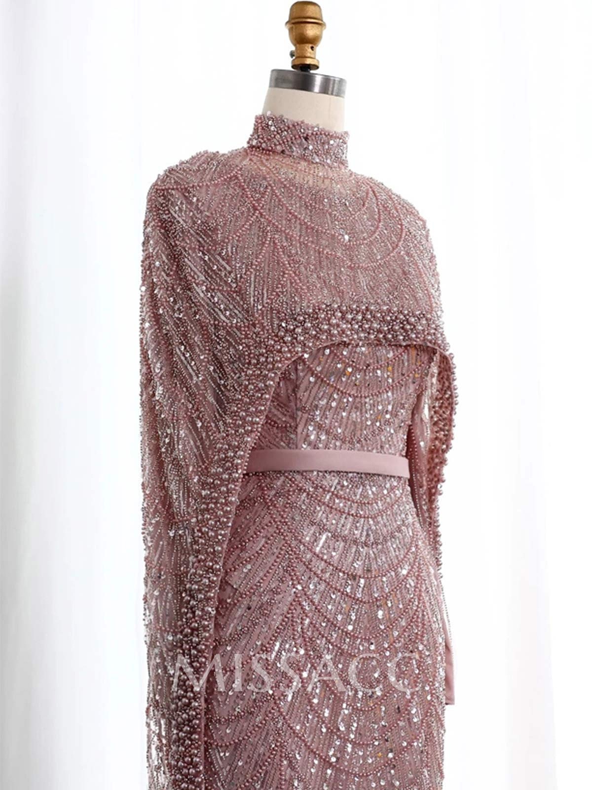 Sheath Column High Neck Long Sleeves Sweep Train Lace Satin Tulle Mother Of The Bride Dresses With Beading
