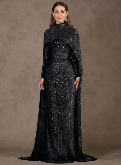 Sheath Column High Neck Long Sleeves Sweep Train Lace Satin Tulle Mother Of The Bride Dresses With Beading