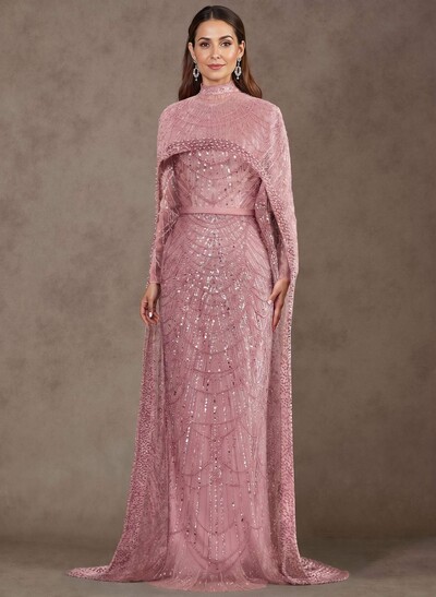 Sheath Column High Neck Long Sleeves Sweep Train Lace Satin Tulle Mother Of The Bride Dresses With Beading
