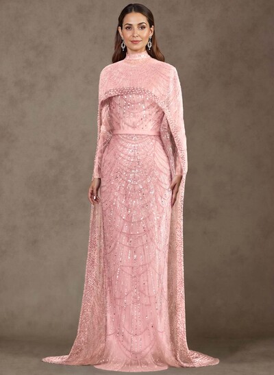 Sheath Column High Neck Long Sleeves Sweep Train Lace Satin Tulle Mother Of The Bride Dresses With Beading