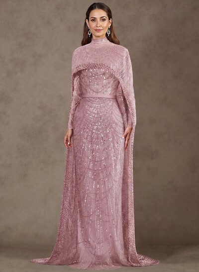 Sheath Column High Neck Long Sleeves Sweep Train Lace Satin Tulle Mother Of The Bride Dresses With Beading